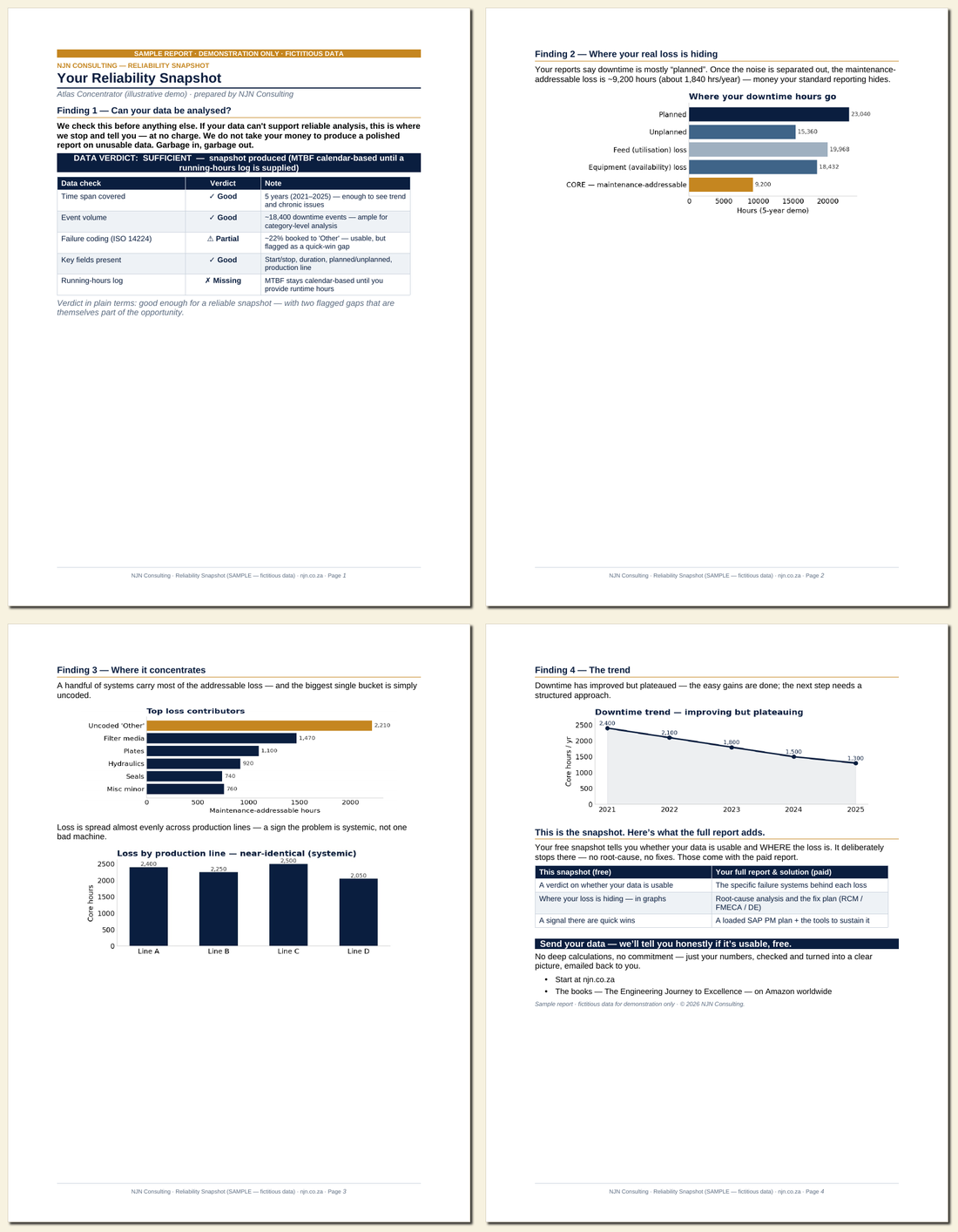 Sample of the 4-page NJN reliability diagnostic report (demonstration, fictitious data)