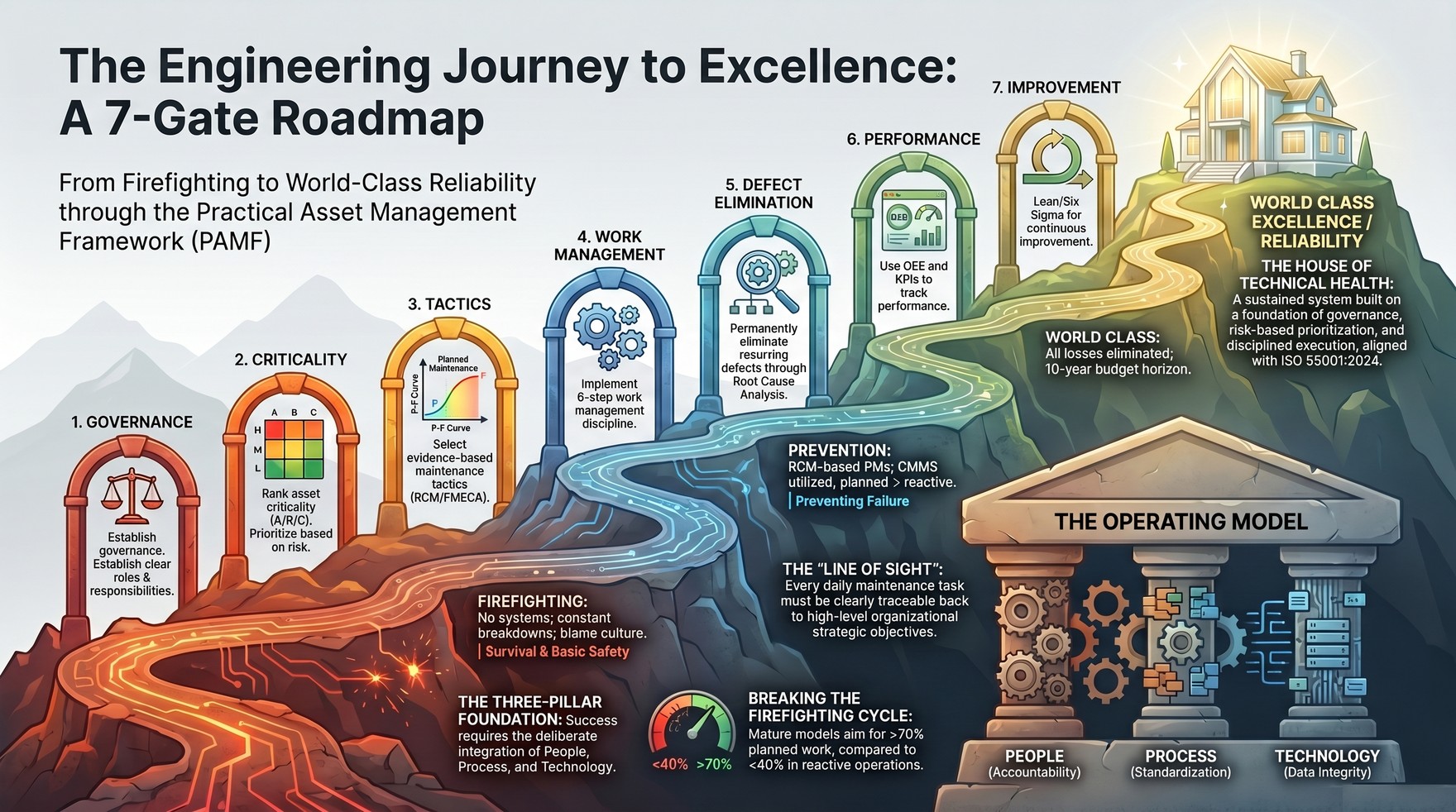 The Engineering Journey to Excellence: a seven-gate roadmap from firefighting to world-class reliability — the People, Process and Technology Operating Model foundation, the seven maturity gates, and the House of Technical Health on the hill.